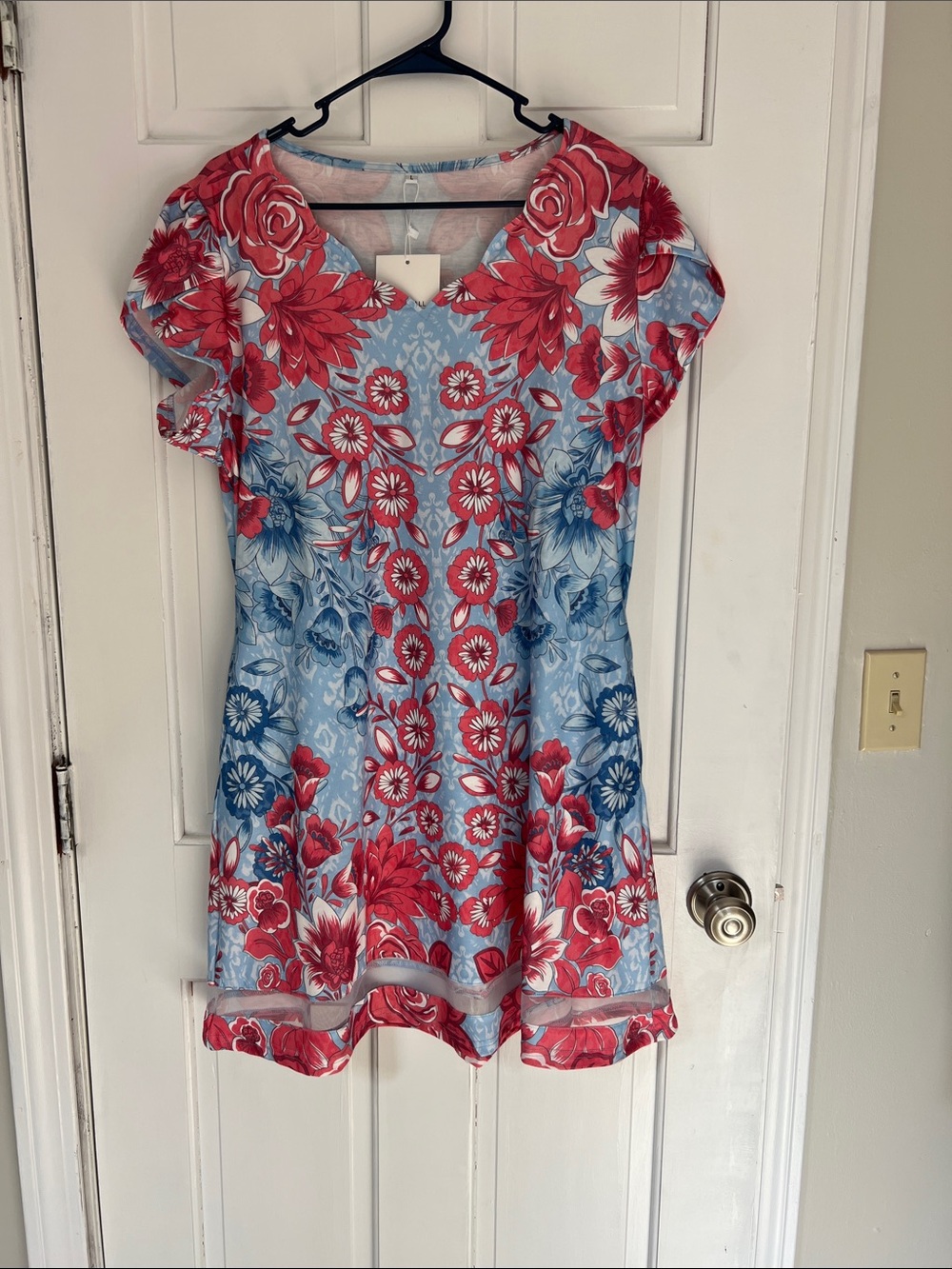 Floral V-Neck Short Sleeve Dress in Blue and Red